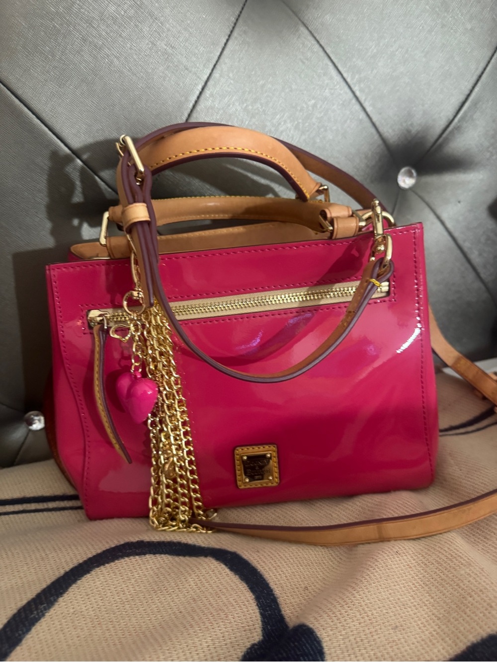 Dooney & Bourke Hot Pink Patent Satchel with Tan Trim